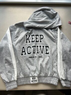 Zara Gray Hoodie Sweatshirt with White Sleeve Stripes